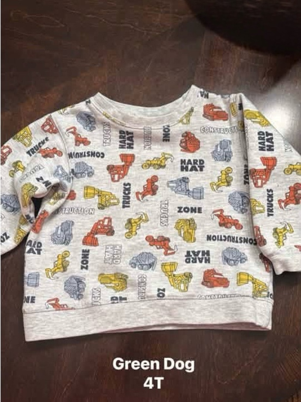 greendog Gray Crewneck Sweatshirt with Red, Yellow & Blue Construction Trucks